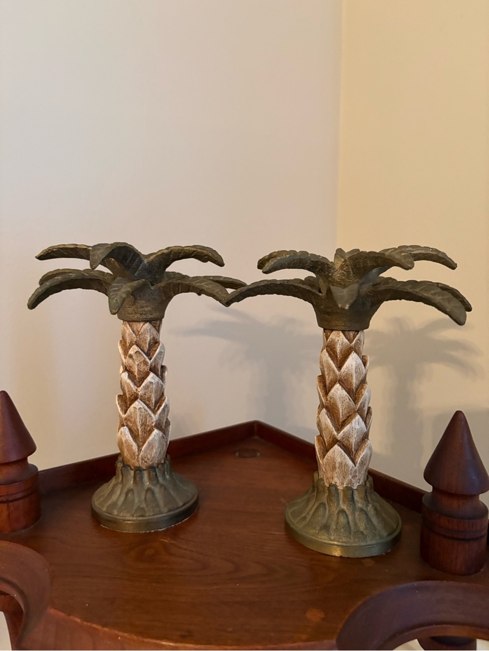 Vintage Tropical Palm Metal & Wood Candle Holders - Green & Beige - Picture 2 of 7